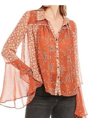 Free People Serena Rust Floral Boho Button-Down Blouse